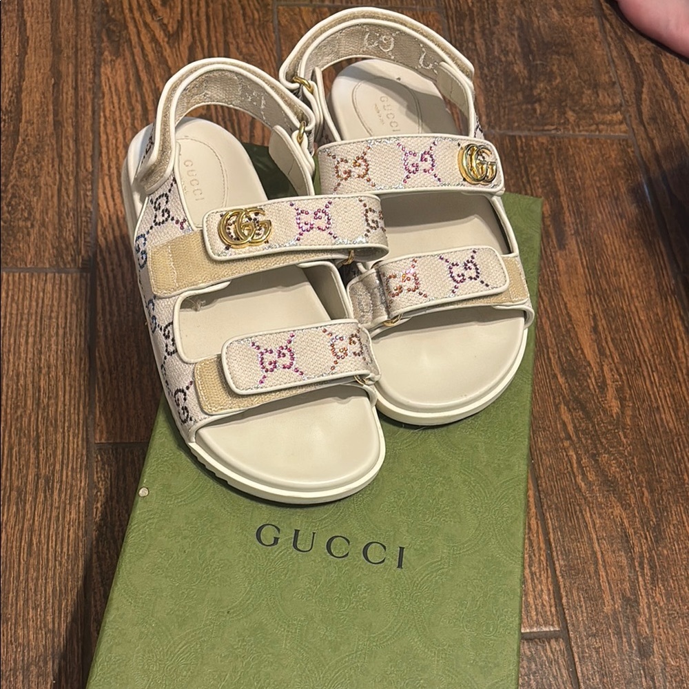 Gucci Cream and Gold Sandals with Monogram Print